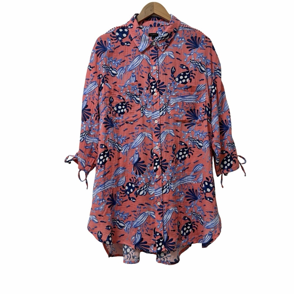 Talbots Womens Crinkle Gauze Swim Cover Up Shirt Size XL Underwater Vision Beach